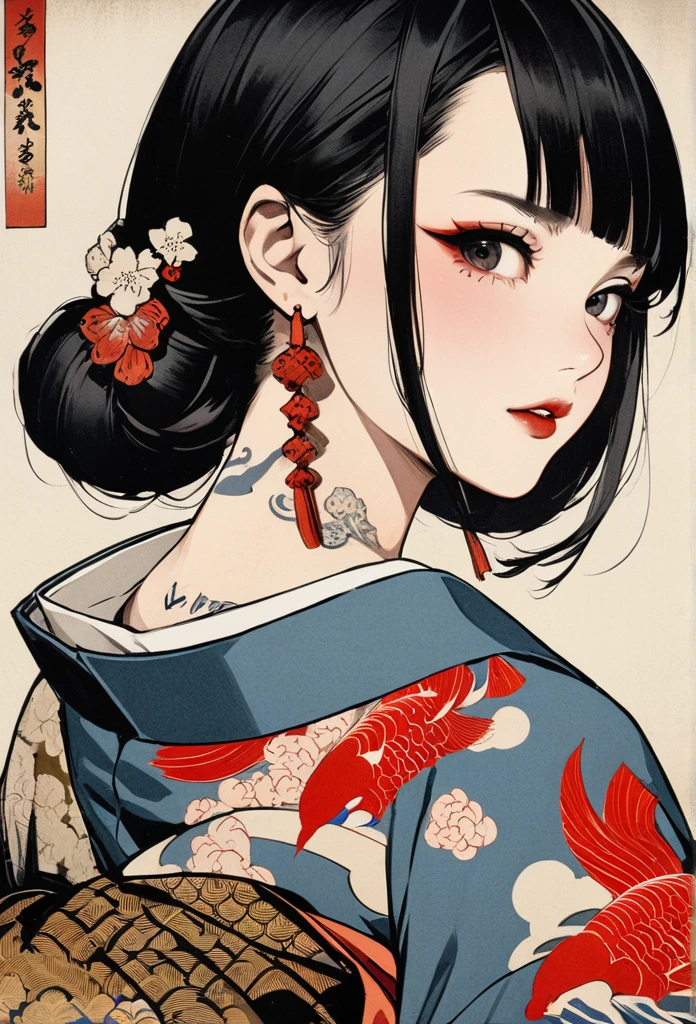 (masterpiece, top quality, best quality, official art, beautiful and aesthetic:1.2),1girl, tattoo, solo, japanese clothes,  hair ornament, unsheathing, black hair, sheath, back tattoo, blue eyes,  off shoulder, bare shoulders, looking back, from behind, flower, looking at viewer,  holding, makeup, 
indoor,