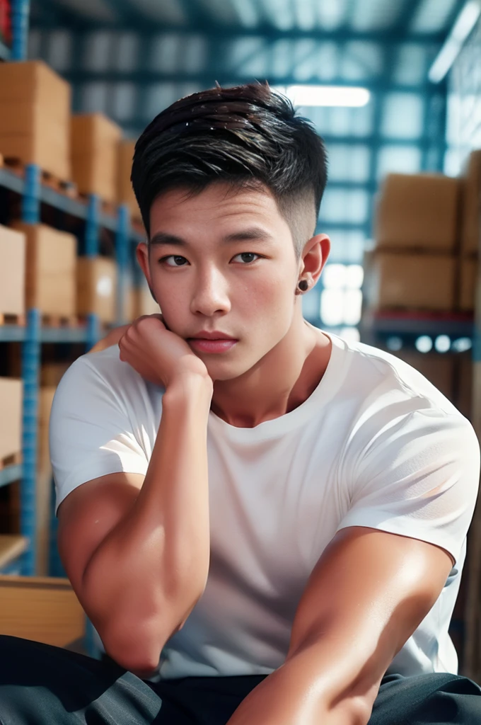 (armface:1.3) , Handsome man sitting,Food on the table, (have a mustache:0.8) , (Short hair:1.2), (High Neck Tight T-Shirt:0.8), (The white shirt is wet.:1.3),Black pants, Big muscles, Handsome and muscular, Full body angle,(Blurred background:1.5),(warehouse:1.4),(short hair:1.4),(full_shot:1.2)