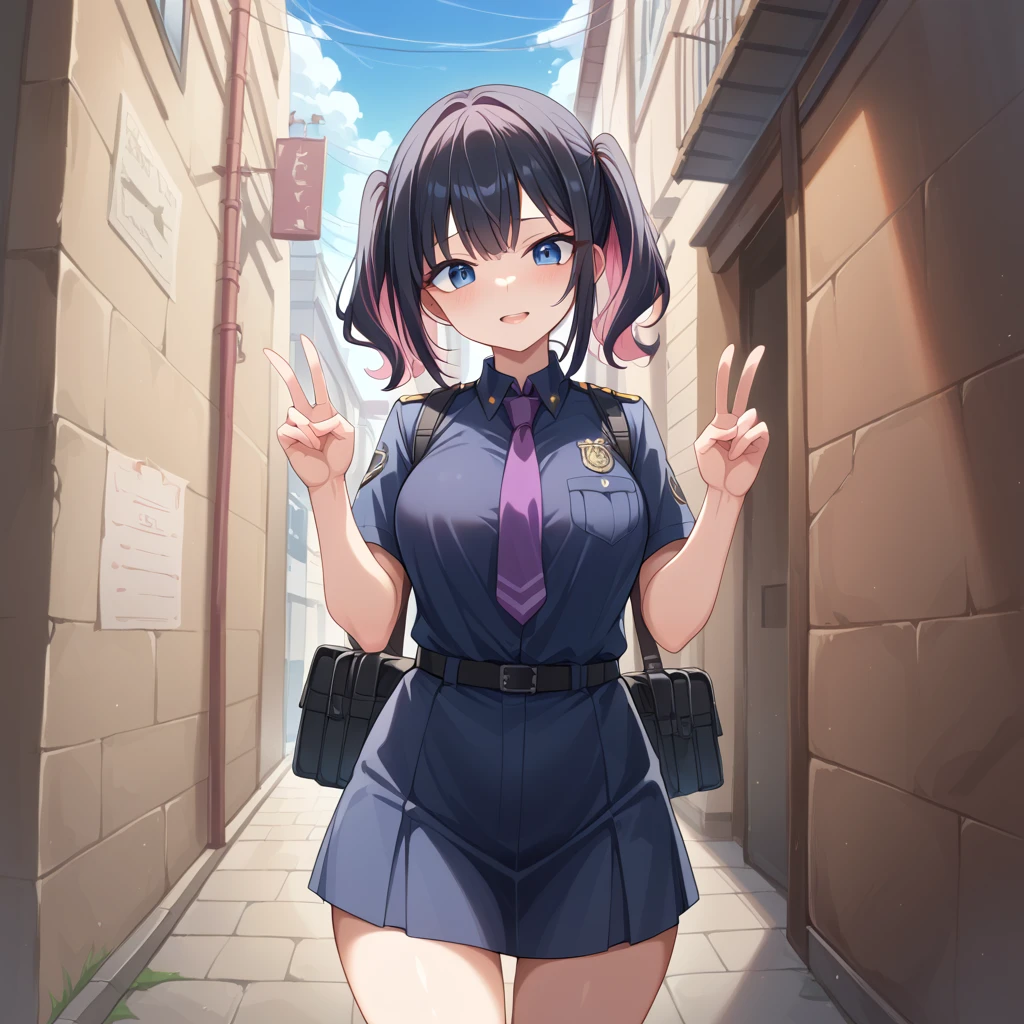 ((Highest quality))、(masterpiece)、(Realistic Shadows)、NSFW、(１ beautiful girl),Subjective、stand、、Blue eyes、Black color police uniform、Blackｙshirt、Purple tie、night、Alley、double finger gun、gun、Twin tails、short hair、(colored inner hair　black hair + pink inner hair)