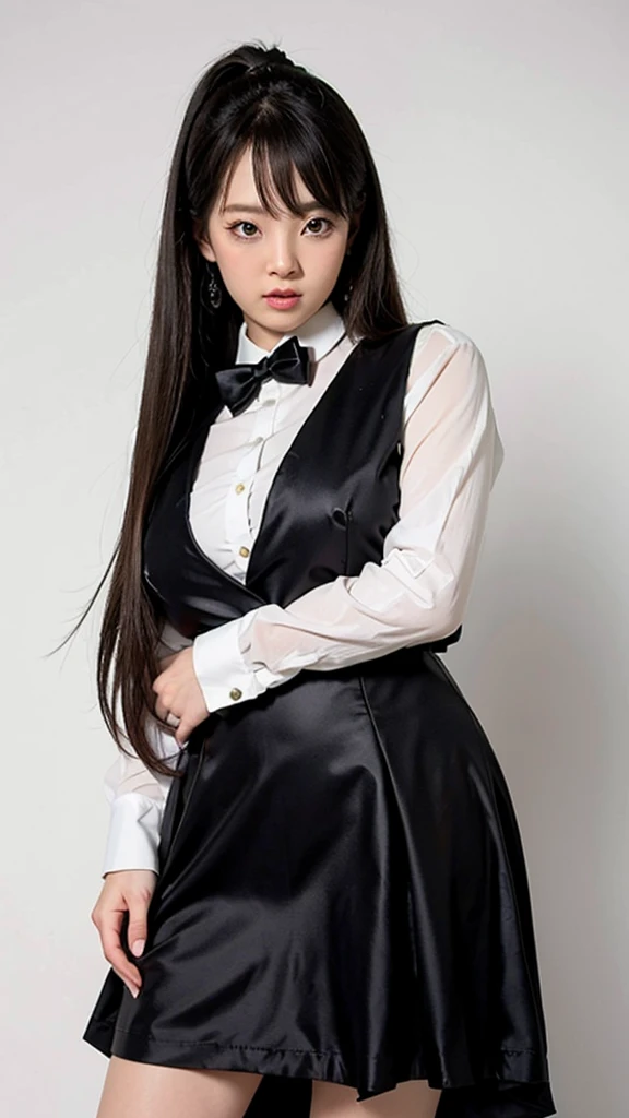 1girl, black  random formal attire, white background,   