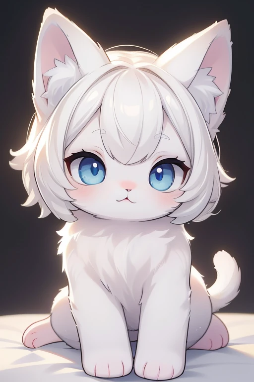 Fluffy, white fur, super cute face, blue elements on fur, beautiful lights and shadows, ambient light, super fine fur, volumetric light, animal focus, shota, pink flesh pad, kawaii, two ears, short hair, big tail, cat