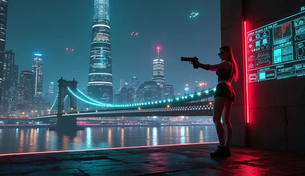 At night, dark sky, aerial view of fantasy cyberpunk style Moai-statue city, ((flying vehicle)). (1girl, solo), photo realistic, medium-breast:1.1 slim body, cleavage, sexy clothes, (black sunglasses), (((hip-up standing aiming pistol pose))), half-body thigh level medium shot, cinematic lighting.