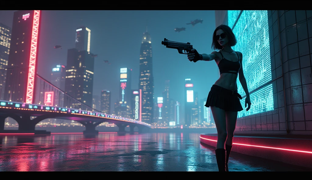 (((aerial view))), (flying cars docking platform), Blade Runner style futuristic railway platform, neon lights, rainy night. (1girl, solo, alone), large-breast:1.2 slim body, cleavage:1.1, sexy wind blowing wet dress:1.4, headphone, (black sunglasses), (((she raised a pistol:1.8 and shot:1.8 the viewer))), dynamic pose, (((half-body thigh level medium shot))), cinematic lighting, lens flare, ray tracing, zoom-in blurred:1.4 background.