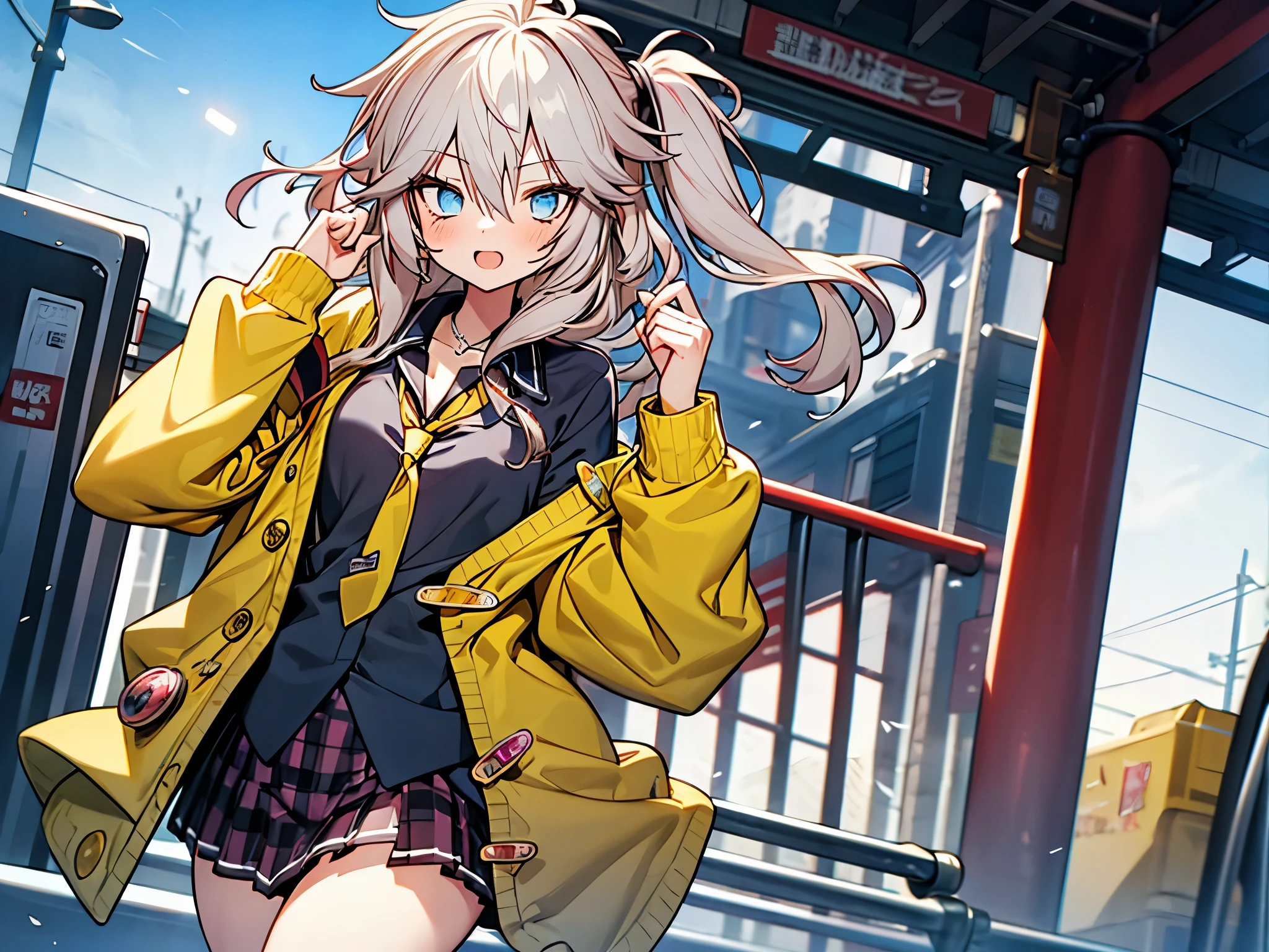 masterpiece, Best Quality, Perfect Face, Highest Resolution, Best Quality,Detailed depiction of the eyes, 8k, kasukabe tsumugi, One Girl, Black shirt, Yellow tie, Yellow cardigan, plaid skirt, Train Station