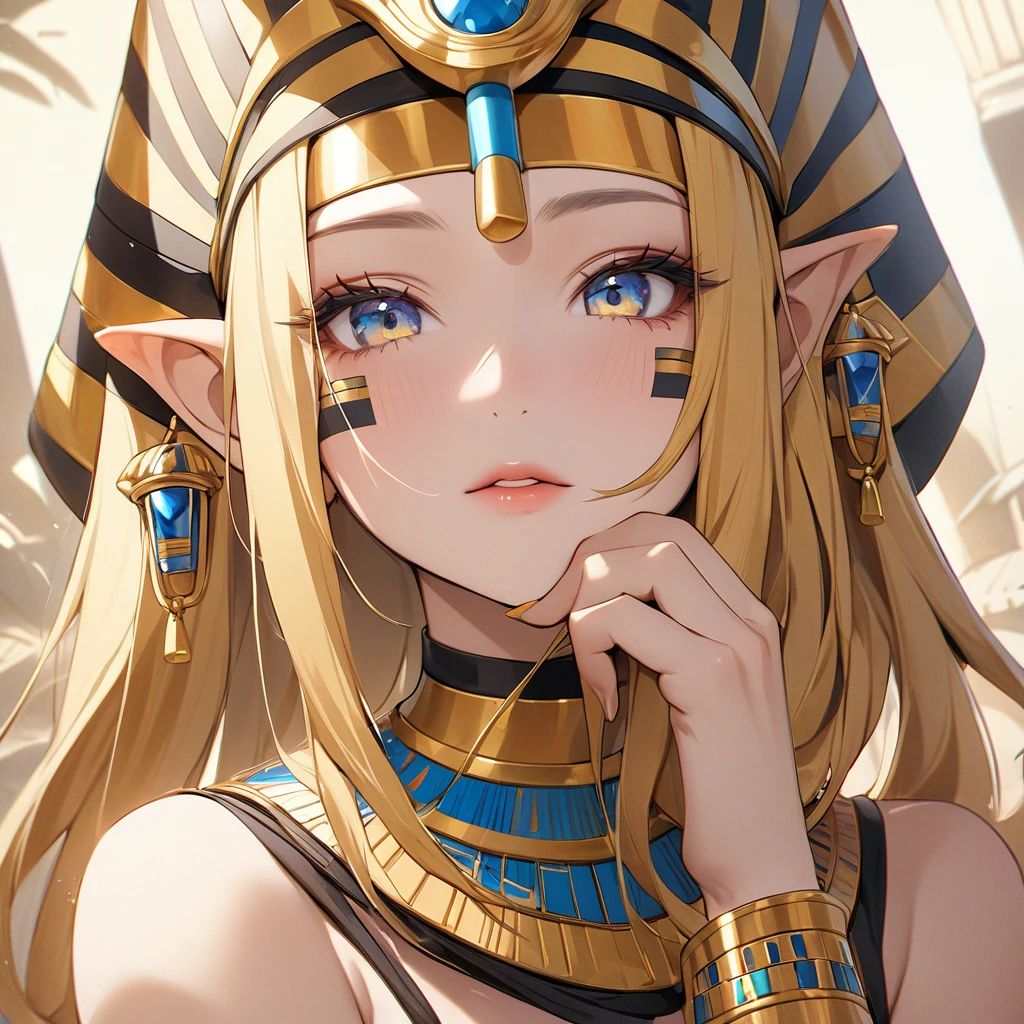 ((Best Quality)), ((masterpiece)), (detailed), （Perfect Face）、The high elf woman wearing a golden Tutankhamun mask is Seras Ashrain, a blonde high elf with medium-long hair who is wearing an Egyptian Tutankhamun costume, a golden Tutankhamun mask, gorgeous jewelry accessories and an engagement ring. Her face is painted gold to resemble Tutankhamun&#39;s face.