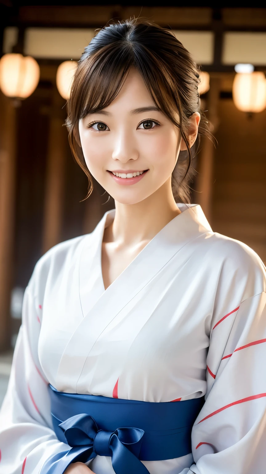 Eri Kamei from Morning Musume, Early 20s, Showing off karate cosplay, Standing elegantly at the entrance of the dojo. She stands confidently, Cute and sophisticated. Images are rendered with realistic depictions, Ulutra HD, crisp detail, Vivid colors, Dynamic Range Contrast. Soft bokeh effect、Emphasizes the tranquility of the dojo setting, With fine texture to the details of her karate. Her radiant smile, Show off her white teeth, Her youth々adding to the allure. photography hyperrealism, Intricate details, Ultra High Definition 16K, Nikon D850 Digital SLR Camera, AF-S Nikkor 70-200mm f/2.8E FL ED VR Lens, Resolution 45.7 megapixels, ISO sensit: 64, Shutter Speed 1/160 seconds, Ambient lighting that spotlighted her, Pastel color palette, staring directly into camera, Impeccable sharpness, depth of fields, Ultra-detailed capture - AR 16:9 - V5.1 --Style raw --Q 2 --S 750.