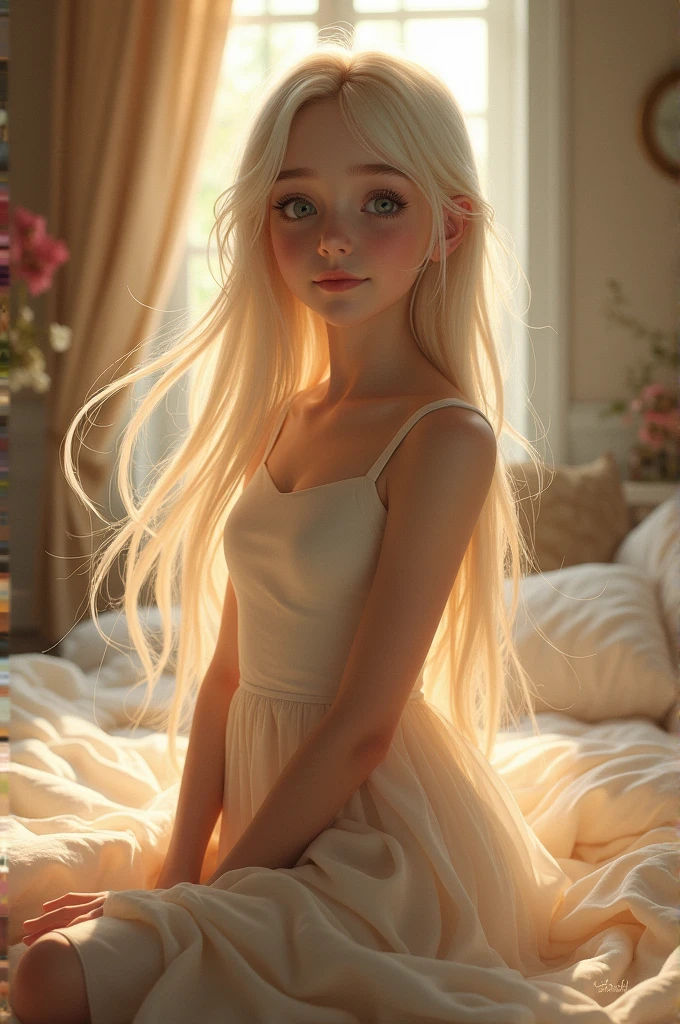 close 1 girl in, standing alone, aesthetic art, blond, straight blonde hair, super long blonde hair, clear blue eyes, some small freckles, pale skin, A glass, breasts small, runner's body, (Slim Hips, Waist slender: 1.25), skin detailed, shy smile, Biting the Lower Lip, (kneeling action shot: 1.25), wearing a white short-sleeved blouse with buttons, pink jk bow, Short pleated skirt, school uniform, 50mm, textures 4k, soft cinematic light, Intricate RAW, chic, highy detailed, sharp focus, ((((cinematic appearance)))), soft shades, insane details, details Intricate, hyperdetailed, low-contrast, soft cinematic light, dark colours, Exposure Mixing, HDR, missing