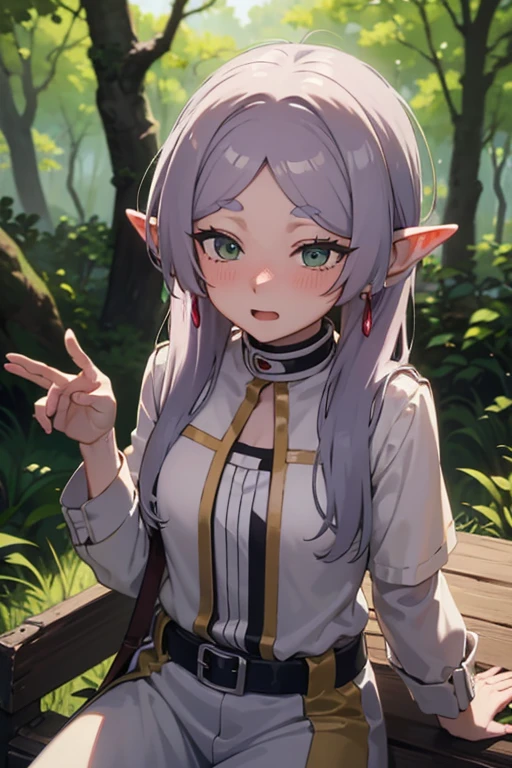 Frieren blushes in surprise as she sees you in the forest.