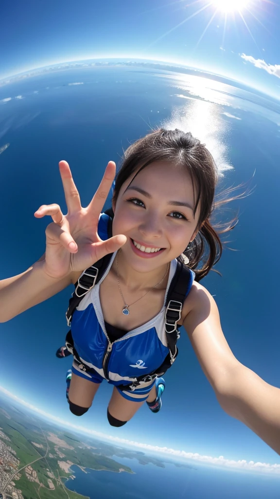 A cute, beautiful, voluptuous Japanese woman in her late 20s with a boyish hairstyle, skydiving at 4000 meters above the ground.、They are having so much fun that they are spreading their arms and legs out in excitement.、She looks great in a micro bikini