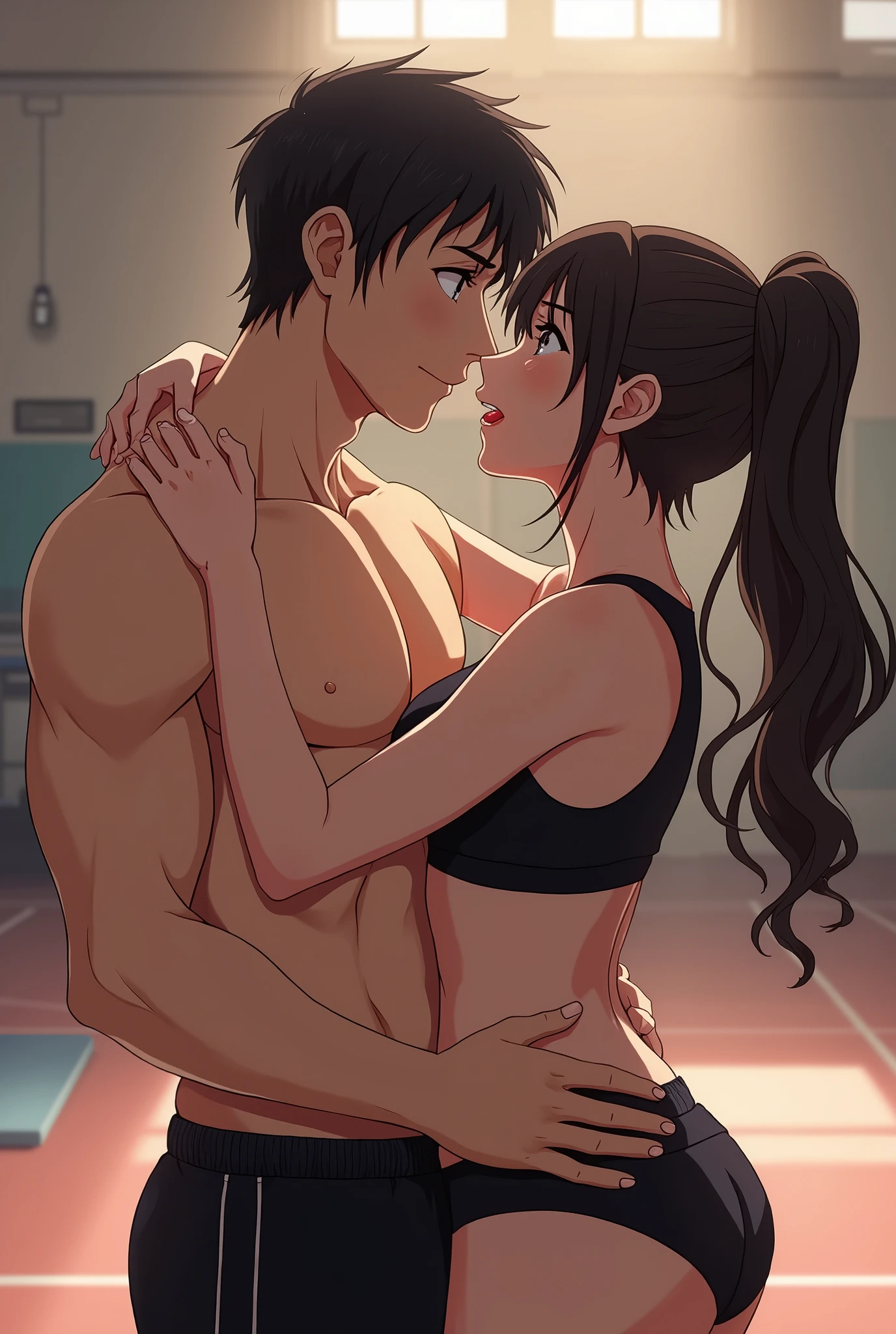 1 boy, 1girl,a beautiful fashion model ,(masterpiece, official art, best quality) (hazel eyes) ,long and shiny hair, brown hair with blonde streaks in hair, long hair, full lips, upturned nose ((((tan skin, bronze skin, 1.3)))), big boobs, stripping, elegant makeup, exhibitionism, naked in public, , slim thighs, toned body, shiny skin, sexy pose, blue eyes, (((arrogant, disgusted)))), narrow hips, wearing high hip thong and see-through top, , ((cheerleader in a skimpy outfit, embarrassed)), gold hoop earrings, pink eyeshadow, thong, cute face, gym, (((girl having sex with man, girl riding boy cowgirl))),