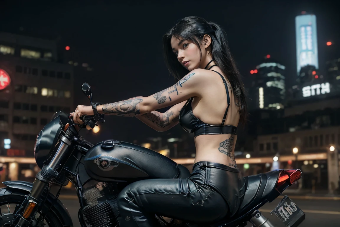 Very beautiful gothic woman with wide hips, with tattoos, on a motorcycle