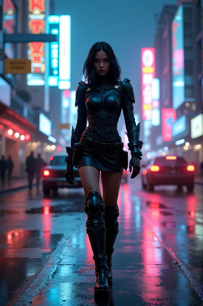 at night, some buildings in the united states, bars, purple phosphorescent lights, and a single woman with black hair and blue eyes, small nose,super pretty in a short strapless black leather dress, and some black leather boots, and two katanas on his back, head on, brillitos
