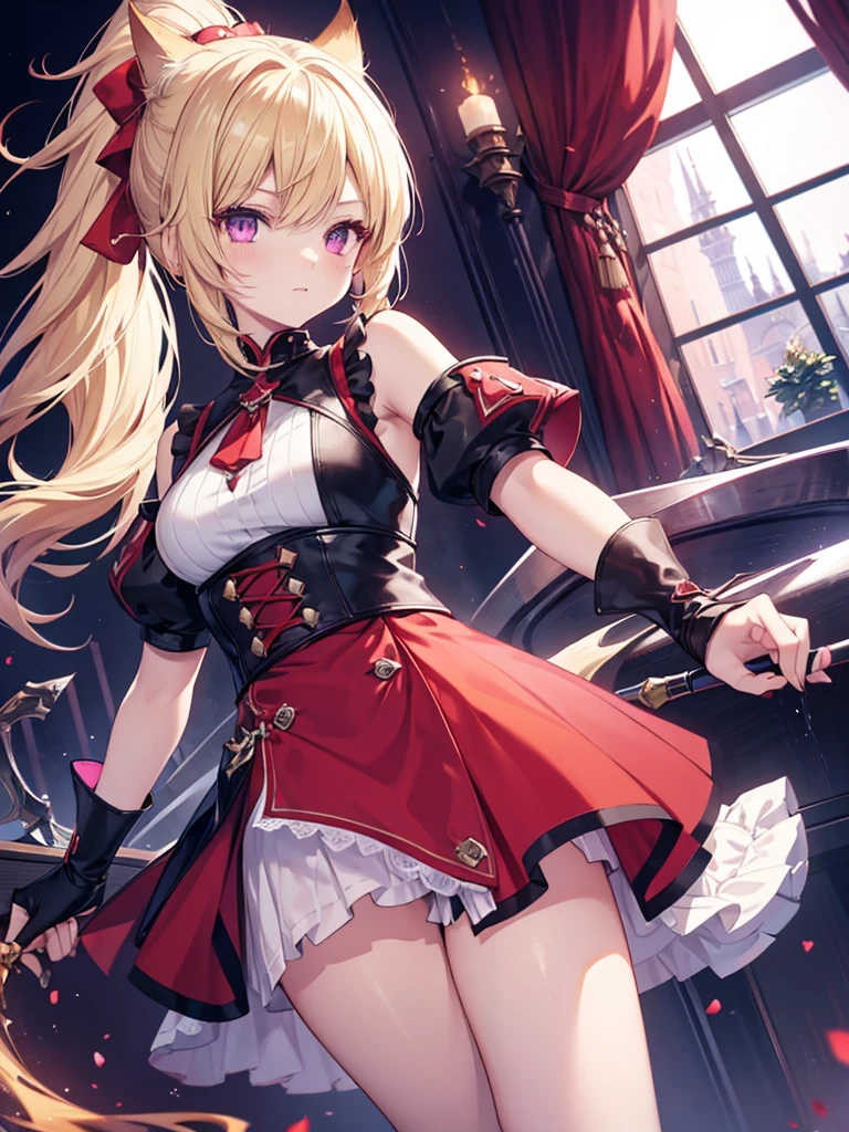 Masterpiece, Best quality, 1girl, solo, long-hair, thighhighs, breasts, striped, blonde-hair, flower, blue-eyes, rose, striped-thighhighs, full-body, dress, looking-at-viewer, blush, tiara, detached-sleeves, cleavage, big-breasts, holding, bare-shoulders, closed-mouth, black-footwear, white-dress, standing, red-rose, hand-on-hip, bow, bangs, very-long-hair, ahoge, red-flower, hair-between-eyes, gauntlets, halterneck, red-bow, frills, shoes, skirt, footwear-bow, armpits, flag, antenna-hair, criss-cross-halter, weapon, collarbone, clothing-cutout, crown, floral-print, headpiece, ((exposed navel)), short skirt