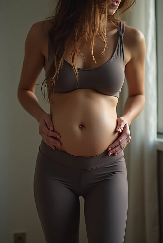 Create an ultra-high-resolution 3D image of a person experiencing an upset stomach. The character should be visibly uncomfortable, with one hand holding their stomach and a pained expression on their face. The environment should suggest a home setting, such as a cozy living room or a kitchen, to convey a relatable everyday scenario.