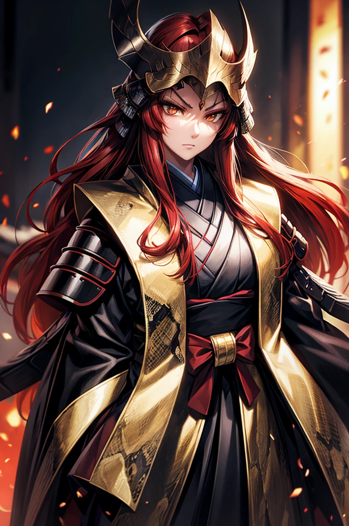 wearing armor One adult female, wearing light armor, wearing black kimono, Long Hair, red hair, golden Eyes, snake pupils, Light makeup, intense anger, tite waist, full body, big hair, hair over eye, Big head with devil horns, anime, cinematic lighting, cowboy shot, UHD, retina, masterpiece, accurate, anatomically correct, textured skin, super detail, high details, high quality, award winning, best quality, highres, 8k