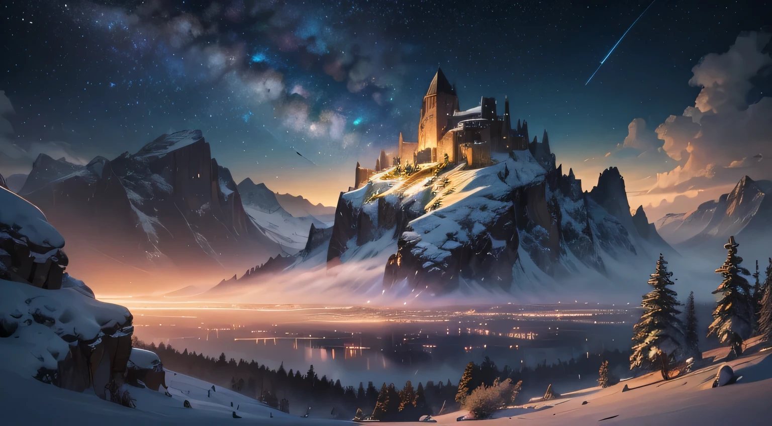 (masterpiece, illustration, best quality, detailed,highres:1.4), in the distance
colorful, vibrant, lush, volumetric lighting, contrast, 
From a distance, depth of field 
scenery, landscape painting, concept art, intricate tiny details, stylized, 
cloudy skies, moonlit night starry skies
Fantasy, ancient kingdom city [colosseum,sagrada,basilica] scenery
snow, waterfall, 
blooming trees grass flowers 
 Rocky Mountains and forest snow in the background 
   , (fantasy magic:1.4)