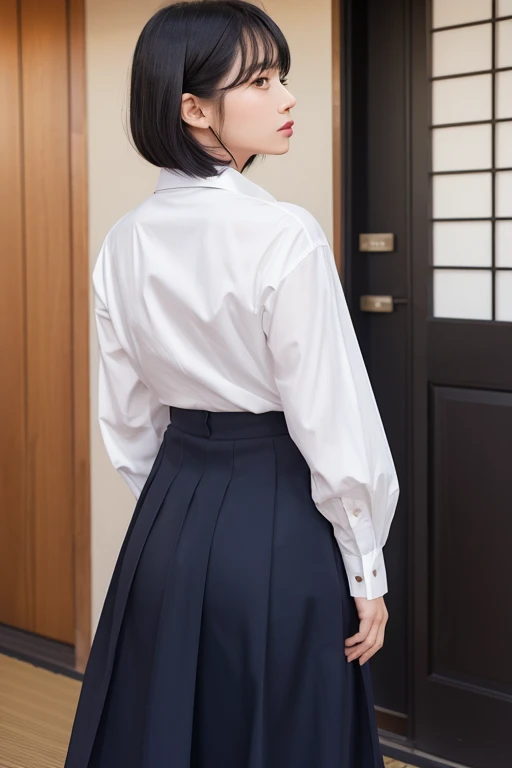 Uniform Cosplay、Uniform Cosplayer Shorthair、back arms、Predecessor Wan、Frontal Face、slenderbody、(8K、Raw photography、top-quality、​masterpiece:1.2)、(realisitic、photoRealstic:1.37)、ultra-detailliert、(Detailed beautiful girl:1.4)、 1 人、FULL BODYSHOT、crouching down、((Opening legs:1.4))、((Skirt up:1.3))