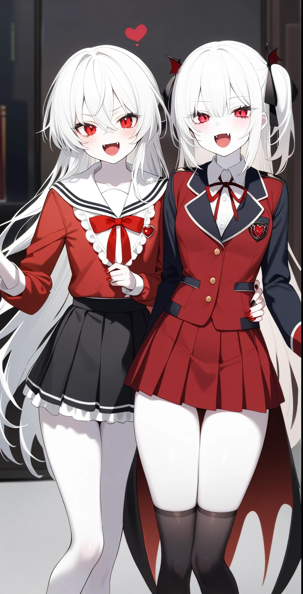 2 Girls、Cute hairstyle、Red Eyes、The fangs grow、vampire、high school student、Pure white and pale skin、Pure white hair、uniform、Height 150〜180cm or more、vampire学園の生徒、Red nails、