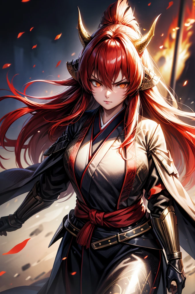 wearing armor One adult female, wearing light armor, wearing black kimono, Long Hair, red hair, golden Eyes, snake pupils, Light makeup, intense anger, tite waist, full body, big hair, hair over eye, Big head with devil horns, anime, cinematic lighting, cowboy shot, UHD, retina, masterpiece, accurate, anatomically correct, textured skin, super detail, high details, high quality, award winning, best quality, highres, 8k