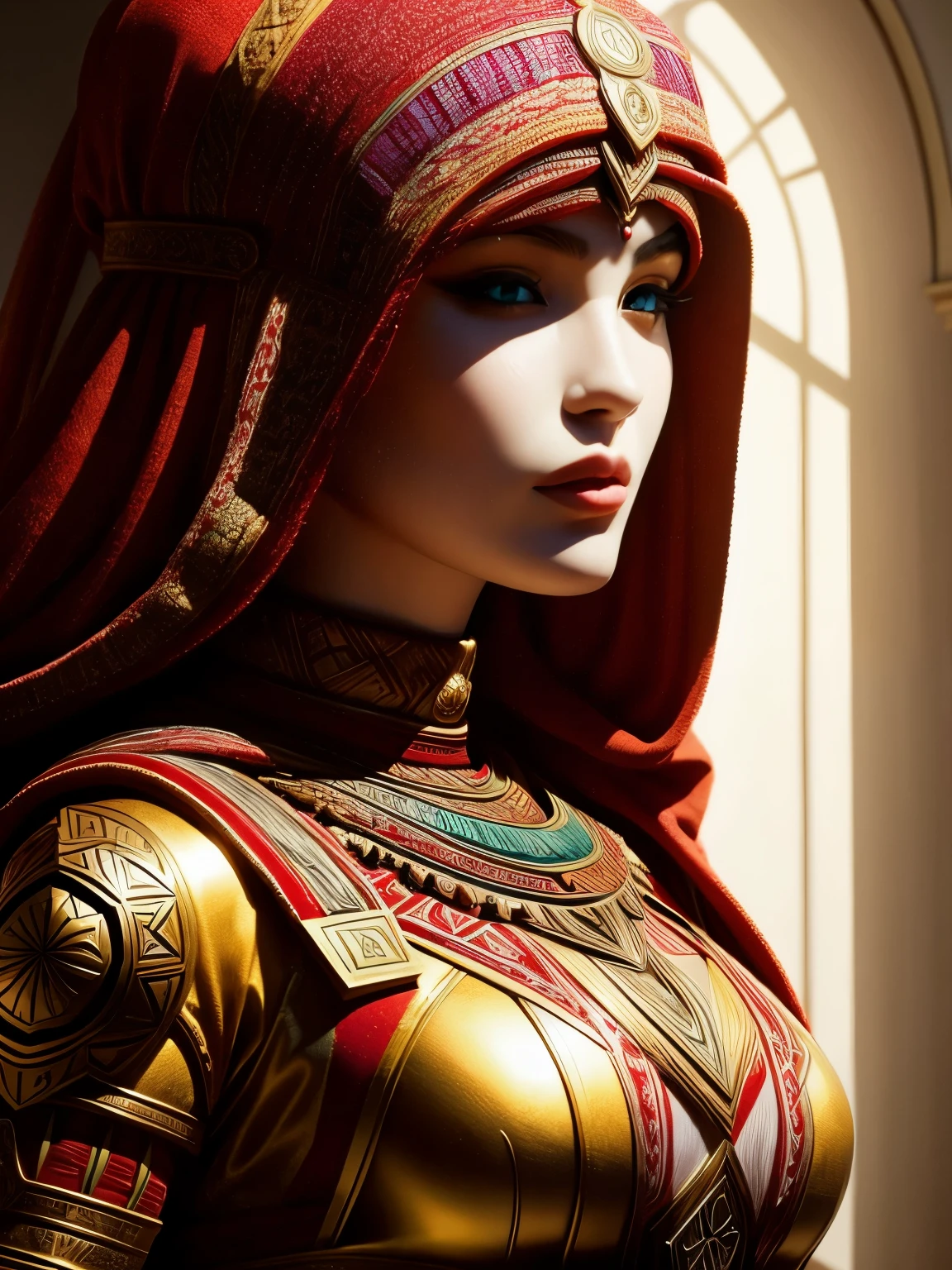 Hyper-realistic 8K digital painting depicts the (upper body1.5) of a (young woman1.2) wearing a (vibrant Moroccan/Tunisian-inspired fantasy attire1.3). Her face is shrouded in (dramatic shadows1.3), creating an air of (mystery and intrigue1.2). The (rich, warm tones1.2) of her clothing and skin evoke the (exotic North African setting1.3). An (enchanting1.2) and (captivating1.2) depiction, trending on ArtStation.