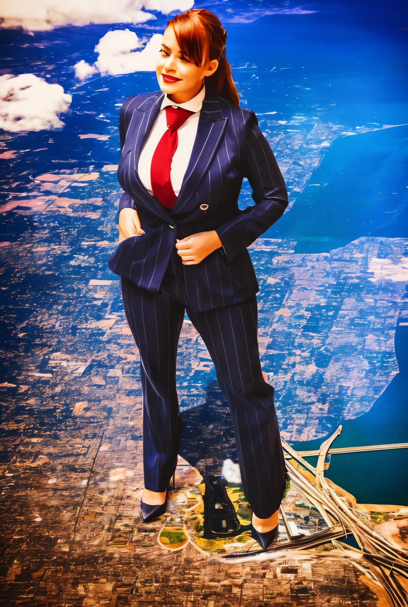 Giantess art, tera giantess in distance walking on countries, women with beautiful curves, massive thighs, ginger hair, lipstick, wearing a perfect form-fitting loght grey pinstripe trouser suit and blazer, crisp white shirt with large spread collar, large blade width Windsor knot blue tie, with massive breasts. She is wearing platform high heels and standing on a miniature city, with skyscrapers at her feet, smiling with her huge breasts. This image is highly detailed, photorealistic, best quality, a masterpiece, with cinematic lighting, ultra-detailed, long ponytail hair with front bangs, high altitude photography, satellite view, a curvy figure, heaving bosom, legs, a stepping on mulitple mega city, urban sprawl, small towns, destruction, buildings, roads, a cloudy, overcast, hazy atmosphere, and wispy clouds.