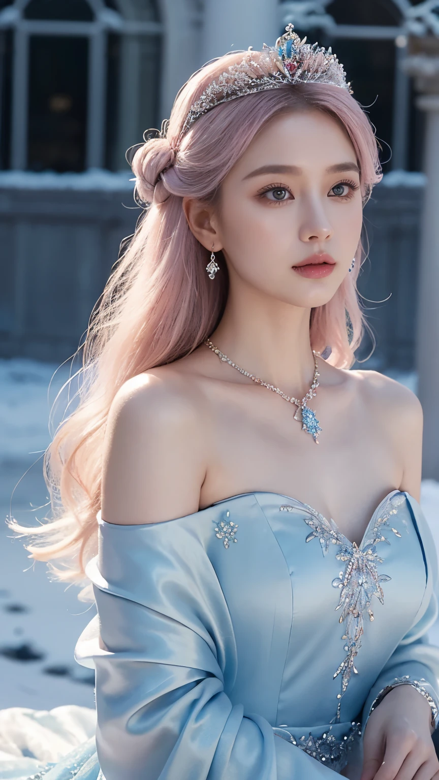 (8K, Top Quality, Masterpiece:1.2), (Realistic, Photorealistic:1.37), Super Detail, 1 Girl,), (Highly Detailed), (Beautifully Detailed Eyes), (Top Quality), (Super Detail), (Masterpiece), (Detailed Face),20 years old, ,1 Girl, ((Pink Hair, Long Hair)), Medium Breasts,. Dress, perfect lighting, BREAK, (dress made of ice: 1.5), (transparent: 1.2), (no outerwear:1.0), (transparent camisole made of ice: 1.2), (long sleeved blouse with ice crystal pattern: 1.2), (long ice skirt with A-line silhouette: 1. 2), (slim fit silhouette: 1.2), (ice crystal embroidery and bijoux detail: 1.2), (no socks: 0), (ankle cross strap ice heels: 1.2), (ice crystal earrings and necklace: 1.2), BRAKE, (upper body to thighs: 1.2), (long pink hair: 1.2), (smile: 1.2), (slightly tilted to face front: 1.2), (confident pose with one hand on waist:1.2), (other hand touching skirt: 1.2), (ice filled background including ice crystals, pillar, ice castle: 1.2) (bright lighting with subject in focus: 1.2)