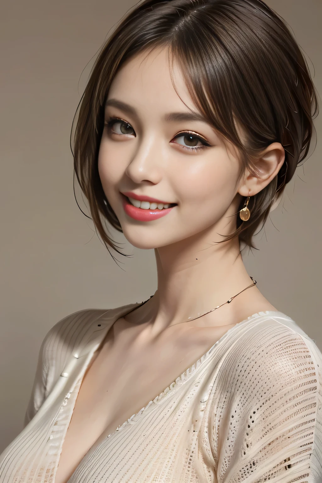 (top quality, 8k, masterpiece: 1.3), pretty woman with perfect figure: 1.4, dark brown hair, big, wearing pendants, torn shorts, sleeping in bedroom, very detailed face and skin, detailed eyes, double eyelids, top quality, masterpiece, (photorealistic: 1.4), one woman, golden ratio, high angle shot, upper eye care, low angle shot, perfect face, beautiful figure, cute face, face close-up, zoom in on face, short bob, short hair, smile from different angles, smile, gloss, highlight, gloss, glossy on skin, glossy on skin, wet skin, wet, bangs, cute smile, bust, off-shoulder, refreshing charm, elegant, perfect hands, smile from angle, smile, shiny, highlight, glossy skin, bangs, bust, big, Warm off-shoulder, refreshing charm, ears out, gaze to the camera, poses at different angles