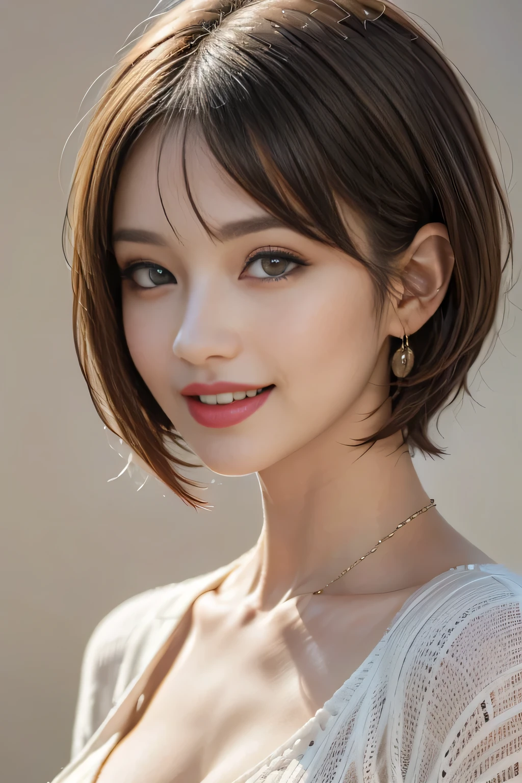 1 Beauty, Cowboy Shot, (1 supermodel), (Perfect Anatomy:1.37), Anatomically correct body shape, Golden Ratio, (Best Quality:1.4), 32k resolution, (Realistic:1.5), (超Realistic:1.5), High resolution UHD, (masterpiece:1.2)), (Improved quality:1.4), (Very beautiful facial details), (Grin), (Best quality realistic skin texture), ((Lace dress:1.37)), Big earrings, necklace, (Big Breasts:1.3), ((No background:1.15)), Accurate Fingers, Very detailed, Beautiful Eyes, Double eyelids, Eyelashes, Shaping your eyebrows, ((Very detailed portraits)), Red cheeks, Ultra-realistic eyes, Perfect Lips, Perfect Eyes, Perfect Iris, Natural Makeup, [Pink lipstick], ((A great eye for quality:1.2)), (Beautiful Lips:1.33), (Great nose:1.2), (Large Breasts), brunette pixie cut, ((Realistic)), ((Sharp focus)), (Highest Resolution), ((The most ridiculous quality)), ((masterpiece)), Professional Cinema Lighting,See-through、