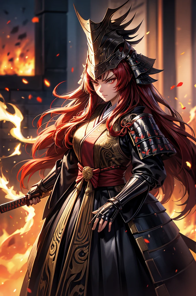 wearing armor One adult female, wearing light armor, wearing black kimono, Long Hair, red hair, golden Eyes, snake pupils, Light makeup, intense anger, tite waist, full body, big hair, hair over eye, anime, cinematic lighting, cowboy shot, UHD, retina, masterpiece, accurate, anatomically correct, textured skin, super detail, high details, high quality, award winning, best quality, highres, 8k