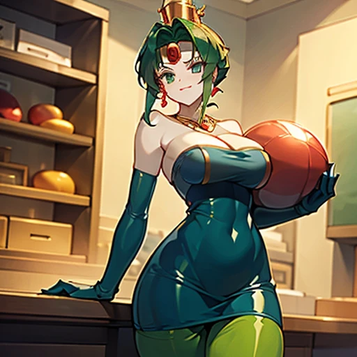 (masterpiece,best quality,ultra-delicate,Perfect Face,16k,high resolution,very beautiful woman), deep green hair,the hair in the back is very short:1.5,blue latex bodycon dress, long latex gloves, light green tights:1.3, large breasts, large red ball and tall cylinder shape gold headpiece connected by a rope:1.3, white skin:1.3, red gem on forehead ((cosmetics counter)), gold necklace, smile