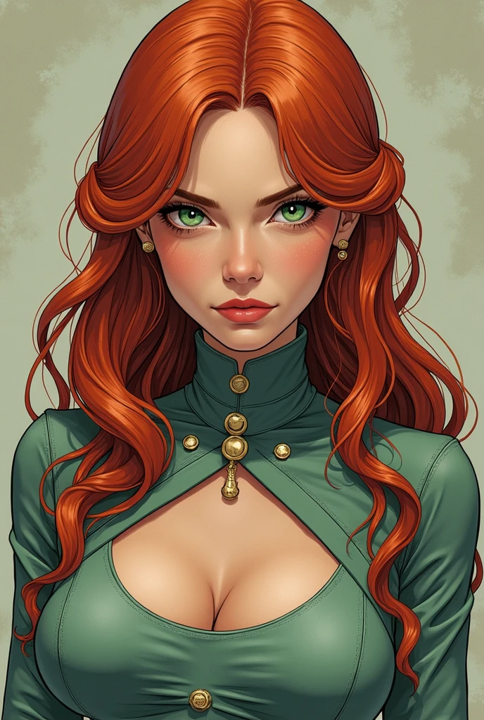 a woman with long crimson hair, intricate Green corset, beautiful detailed eyes, beautiful detailed lips, extremely detailed face, longeyelashes, elegant pose, graceful movement, breathtaking, detailed and realistic, oil painting, dramatic lighting, warm color palette, cinematic composition, masterpiece, 8k, high quality, poison ivy, freckles on breasts, freckles on face
