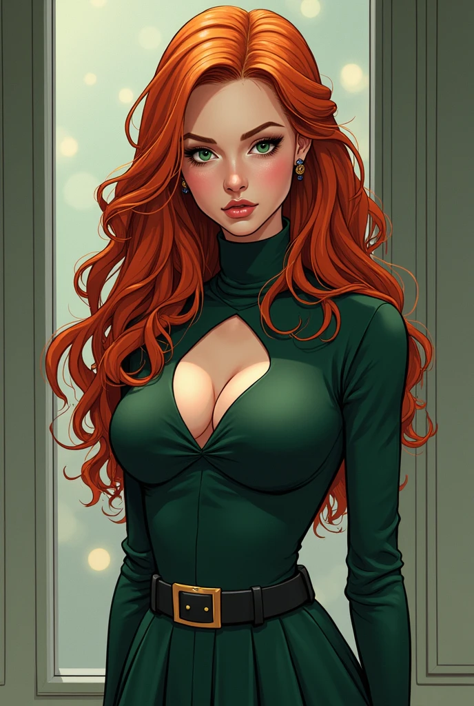 Girl of approximately 20 years old, Redhead with Chinese and Russian roots, eyes between blue and green, well-built build with a large bust, thin waist and wide hips, height of 1.58 meters, in the style of manhua or webcomics manhwa