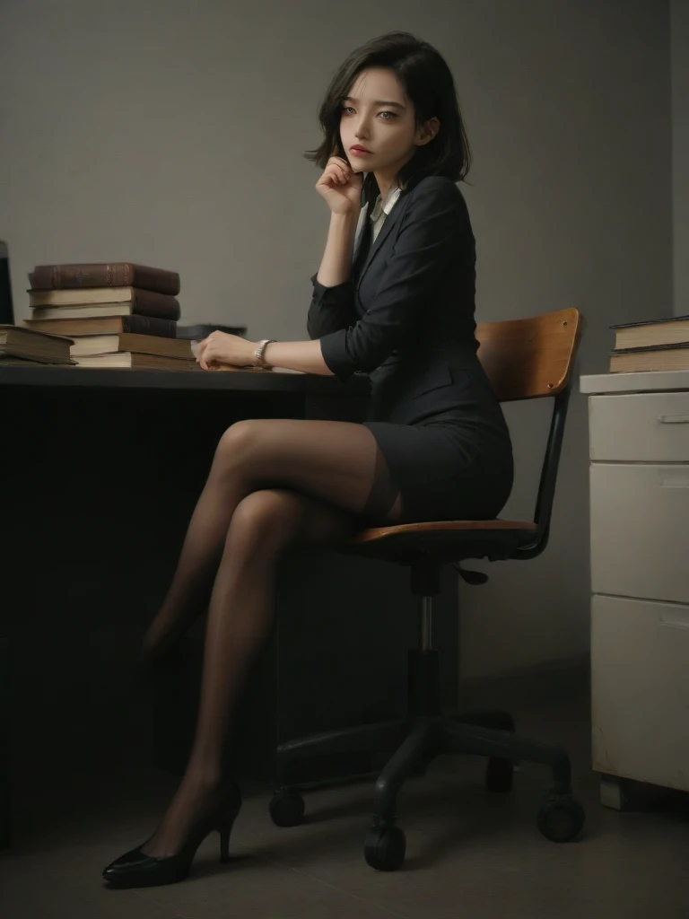 ray,1 Girl,Solitary,,Pantyhose,crossed leg,skirt,Standing,Wrap Dress,Black hair,Book,shoe,Practical,Office Lady,chair,shirt,leg,Hand push ripple,黑色shoe类,black Pantyhose,Lips,