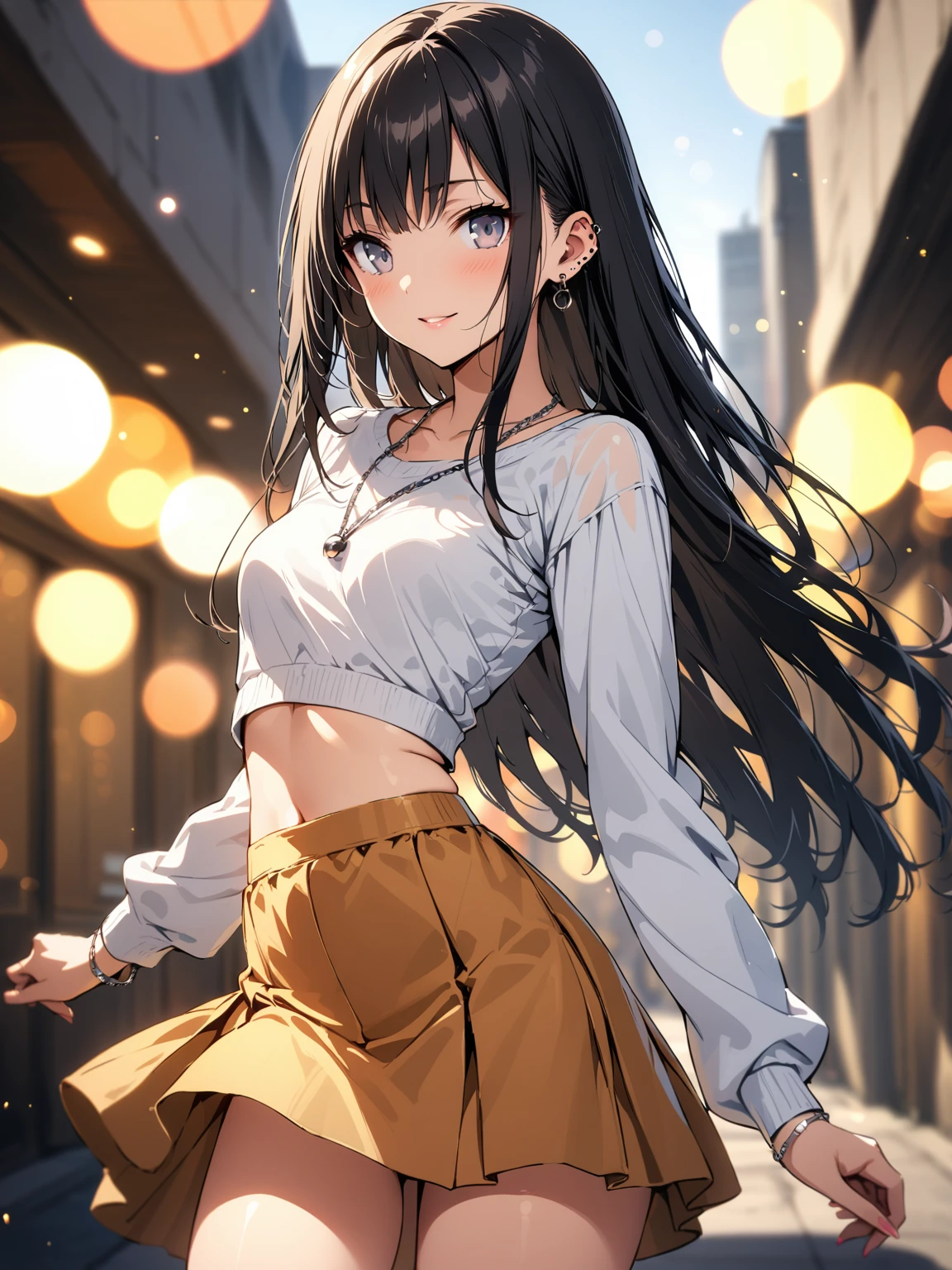 #Basics A girl is posing for a photo, animeのかわいい女の子, (((One Girl, Baby Face, Young girl, 16 years old))),
BREAK
#Clothing Accessories
((Blue denim bell bottoms) + (A simple white off-shoulder shirt), (She's wearing a light blue summer cardigan)), Wearing white mules),
BREAK
#Features
((Black Hair:1.4 Curly hair:1.4, (Long Hair : Long Hair + Fuller, more voluminous hair + Hair blowing in the wind)),
(Droopy eyes, blue eyes), (Small breasts),
BREAK
#background environment
((noon, Sunshine, blue sky, Tanned and dark skin, Summer resort lodge, Nature is all around)),
#Facial Expression Pose
((Wicked Smile), (Are standing)),
#composition
((Face the camera, Angle from the front, Cowboy Shot:1.4)),
BREAK
#Body parts elements
(Detailed hair, Beautiful Hair, Shiny Hair),
(double eyelid, Long eyelashes),
(Expression of fine eyes, Beautiful and delicate eyes, Sparkling eyes, Eye Reflexes, Glitter Eyeliner),
(Human Ear),
(Beautiful Nose, Thin Nose),
(Glossy lips, Beautiful Lips, Thick lips, Glossy Lips, Natural Cheeks),
(Detailed face, Symmetrical facial features),
(Detailed skin, Textured skin, Beautiful Skin, Shiny skin),
BREAK
#Quality
(((Highest quality)), ((masterpiece)), ((Very detailed))), ((High resolution), (16K,1080P)),
(Realistic), (Anatomically correct),
((comics, anime)), (3DCG), CG illustration,
