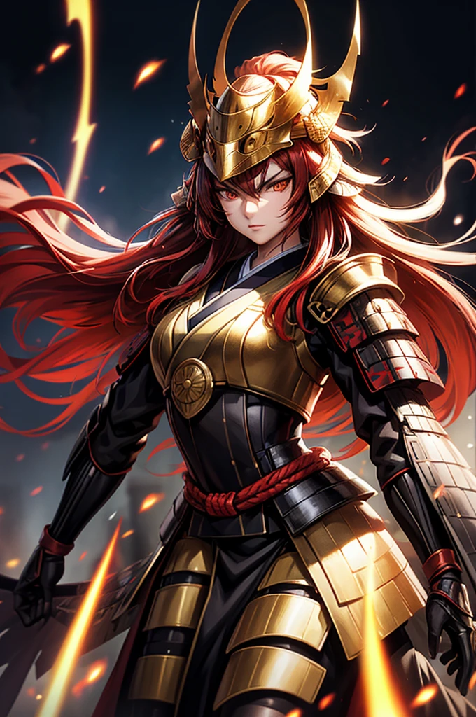 wearing armor One adult female, wearing light armor, wearing black kimono, Long Hair, red hair, golden Eyes, snake pupils, Light makeup, intense anger, tite waist, full body, big hair, hair over eye, anime, cinematic lighting, cowboy shot, UHD, retina, masterpiece, accurate, anatomically correct, textured skin, super detail, high details, high quality, award winning, best quality, highres, 8k