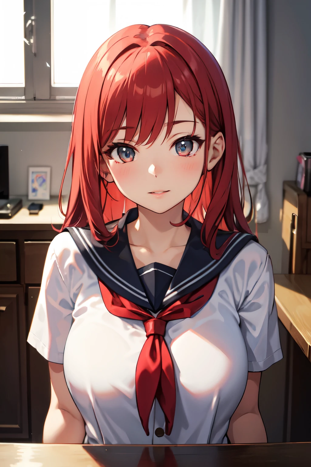 Anime girl with red hair and blue eyes sitting at a table - SeaArt AI