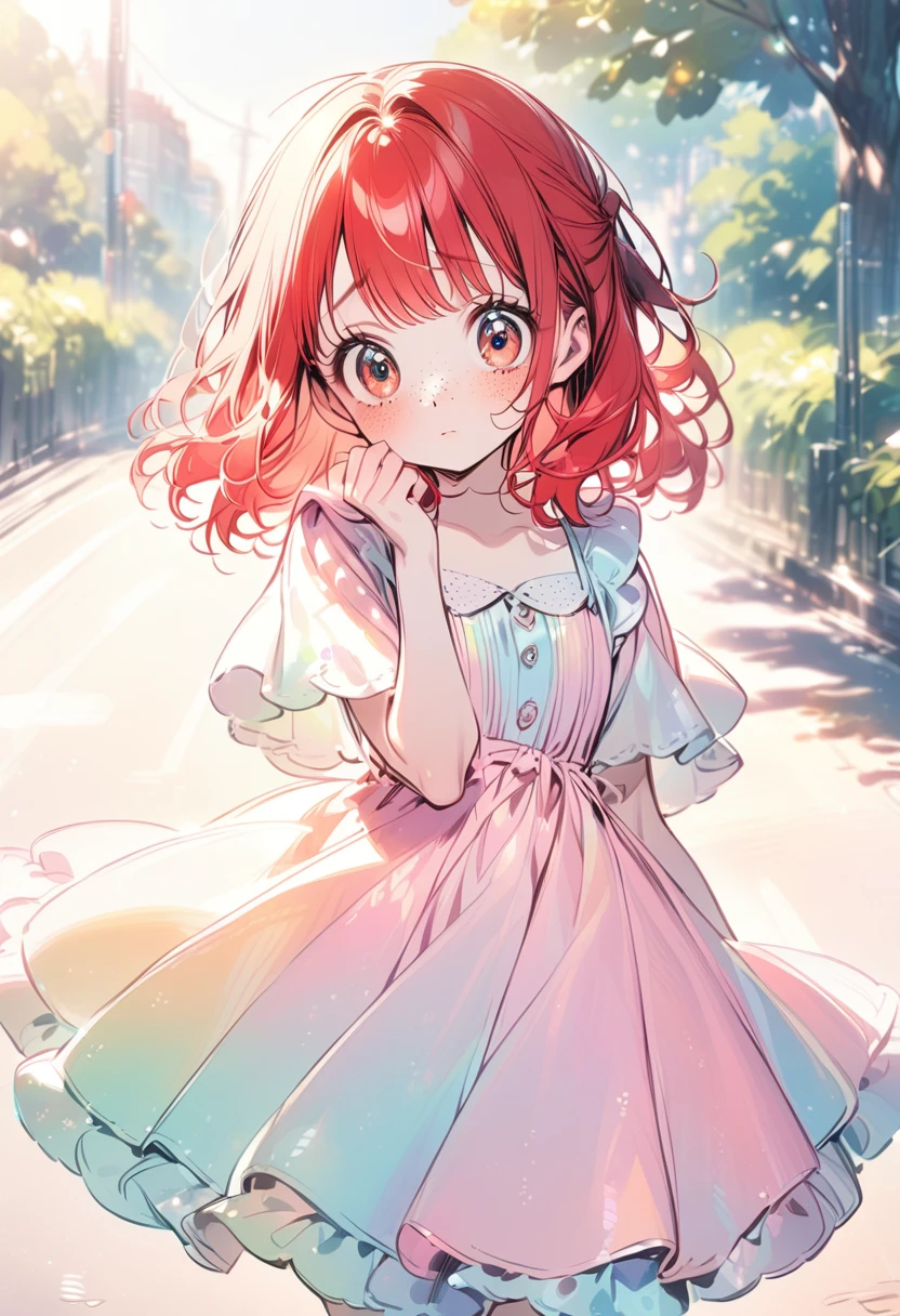 young girl, (red hair, shy, freckles, big eyes), dress, kawaii, outdoors, sunny, pastel color