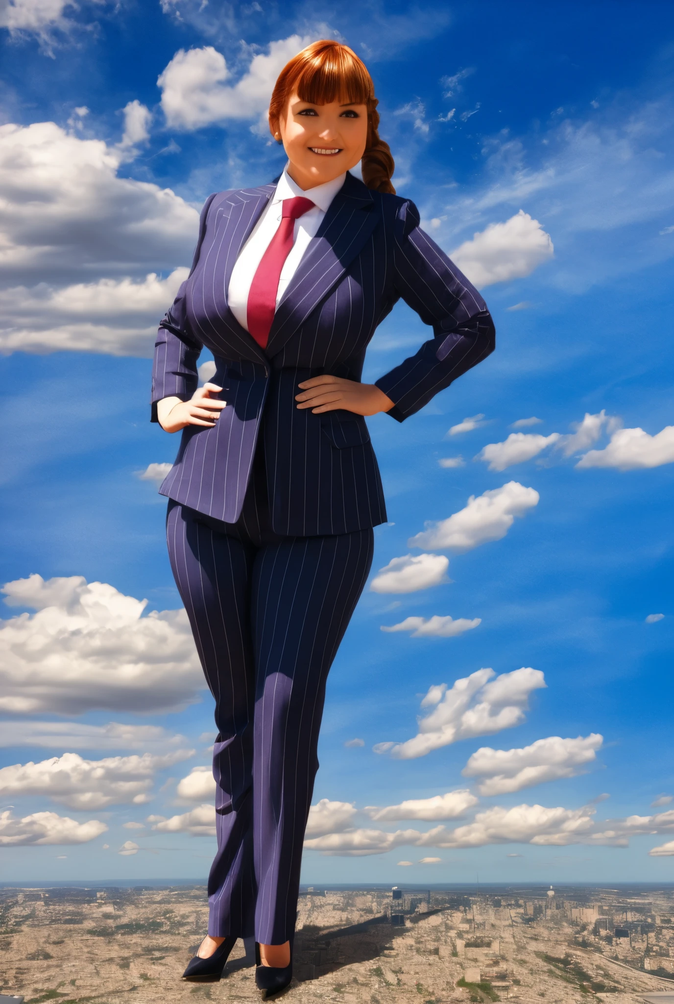 Giantess art, tera giantess in distance walking on countries, women with beautiful curves, massive thighs, ginger hair, lipstick, wearing a perfect form-fitting loght grey pinstripe trouser suit and blazer, crisp white shirt with large spread collar, large blade width Windsor knot blue tie, with massive breasts. She is wearing platform high heels and standing on a miniature city, with skyscrapers at her feet, smiling with her huge breasts. This image is highly detailed, photorealistic, best quality, a masterpiece, with cinematic lighting, ultra-detailed, long ponytail hair with front bangs, high altitude photography, satellite view, a curvy figure, heaving bosom, legs, a stepping on mulitple mega city, urban sprawl, small towns, destruction, buildings, roads, a cloudy, overcast, hazy atmosphere, and wispy clouds.