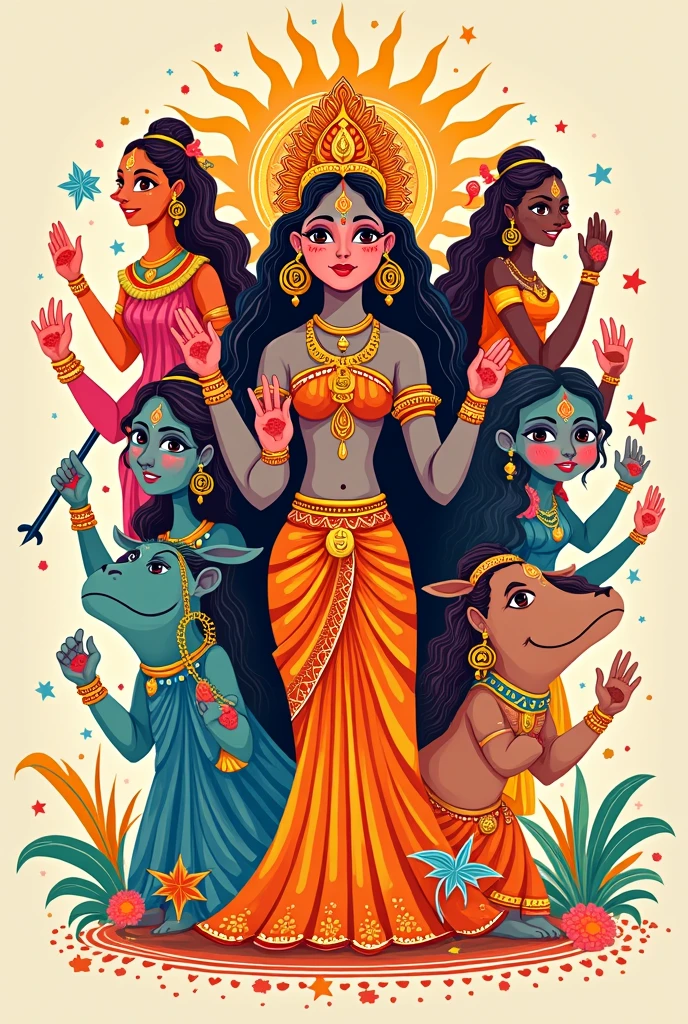 Cute goddess durga with her two sons kartik and ganesh, two daughters laxmi and saraswati in saree cartoonish 