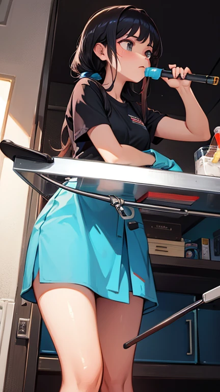 (straddling to hit her panties against the machine-pipe that was installed on the ground), orgasm, lean back, open mouth, drooping eyes, realistic skin, (shirt, apron, skirt, panties), tiny earrings, open legs, raise leg, aerial angle, plastic bag on the ground,