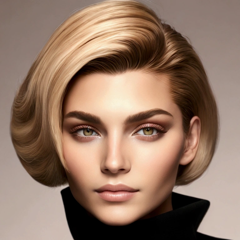 Portrait of a woman with short light blonde hair, straight and slightly combed to the sides. His eyes are large and almond-shaped, with a black eyeliner that accentuates its shape. The eyelashes are long and curved, giving it an expressive touch. Her eyebrows are thick and well defined., elegantly arched, and they look a little darker than her hair. The nose is small and straight, with a septum piercing that adds a distinctive touch to your appearance. Her lips are fleshy, well defined and slightly filled, with a glossy finish in nude or soft pink tones. His expression is serious and thoughtful., highlighting its introspective character. The lighting highlights her soft, slightly glowing skin., with a warm tone and makeup that highlights her natural beauty. Blurred background to keep the focus on her face and bare breasts. the image is very realistic, It doesn&#39;t look like a drawing, looks like a real person