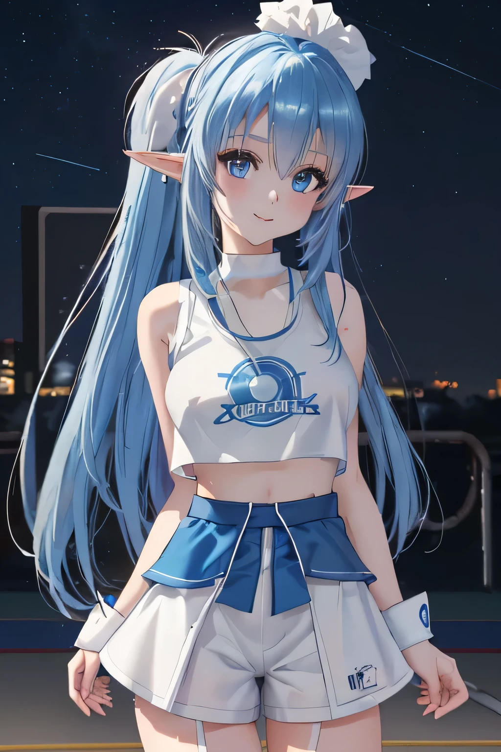 close up 1girl in, photo of Asuna, Yuuki Asuna, Solo, (straight blue hair, very long blue hair, (blue eyes: 1.2), (perfect clear skin, pale skin, detailed skin, medium breasts, round breasts, perfect body, skinny, thin), (thin hips, thin waist: 1.25), neutral face, cute smile, elf ears, ((she is wearing a Lola Bunny costume, space jam uniform, white crop tank top, white short shorts, space jam emblem), basketball court, basketball, space jam, (realistic photo, best quality, detailed), (8k wallpaper), (cinematic lighting, beautiful light, (night:1.3)) (sharp focus, intricate), (dslr, realistic, looking at viewer, sharp focus, delicate, soft colors, cinematic)