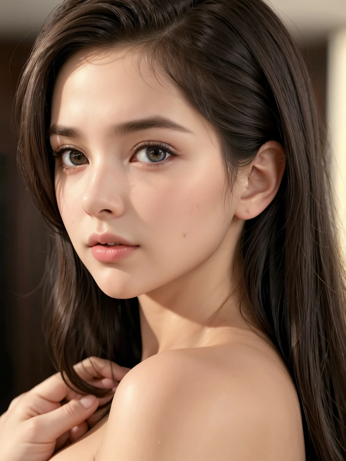 1 25 years old beautiful woman with casual cute hairstyle posing for a portrait, Real raw photo with super detailed details, Beautiful smooth glossy hair woman, A very beautiful woman, She is blushing and making a kissy face with love, Her face is turned upwards, Well-cared for beautiful long hair, 16K Ultra Realistic Portrait, Photograph from the front of her, Camera angle of view from above, She is slim figure top model and famous movie actress, She has a very fine and smooth white skin, Breast enhancement, ((((1 Polish woman)))), The eyebrows are raised and furrowed, She has bittersweet feeling, Super thinly opened eyes are moist and droopy, Form a gentle curve from cheek to chin, She is looking up at the camera from below, Her thick plump and shiny big lips are half-opened, Close-up photo of face, A person in the center left and right:1.0, The whole head is shown, She is wearing simple earrings and a simle necklace, Perfect makeup, Professional lighting like movies in her bedroom