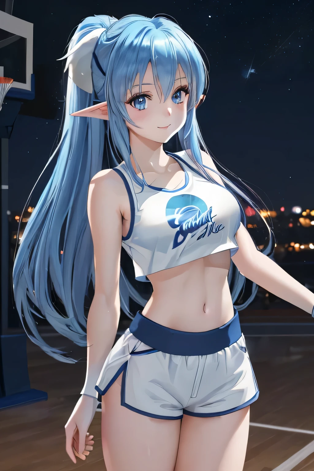 close up 1girl in, photo of Asuna, Yuuki Asuna, Solo, (straight blue hair, very long blue hair, (blue eyes: 1.2), (perfect clear skin, pale skin, detailed skin, medium breasts, round breasts, perfect body, skinny, thin), (thin hips, thin waist: 1.25), neutral face, cute smile, elf ears, ((she is wearing a Lola Bunny costume, space jam uniform, white crop tank top, white short shorts, space jam emblem), basketball court, basketball, space jam, (realistic photo, best quality, detailed), (8k wallpaper), (cinematic lighting, beautiful light, (night:1.3)) (sharp focus, intricate), (dslr, realistic, looking at viewer, sharp focus, delicate, soft colors, cinematic)
