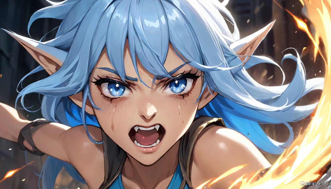 cute young girl, white hair, long hair, small braids hair, light blue eyes, elf ears, dragon tail, dragon thorn, muscular body, small breast, light blue dress, blue magic, fight pose