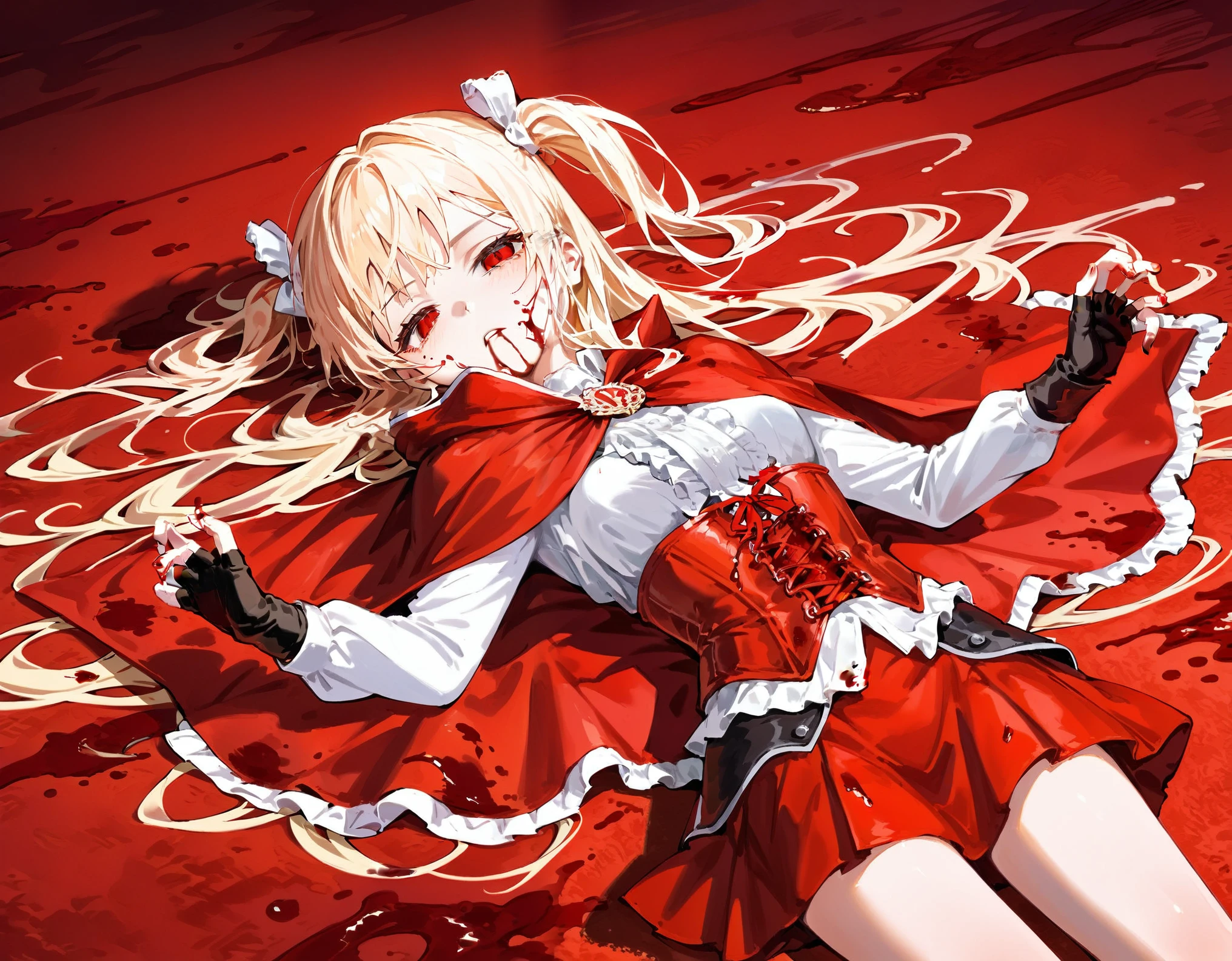 1girl, solo, on back, white shirts, red long cape cloak, red corset, frills red skirt, black fingerless gloves, blonde, two side up, red eye,
red carpet, heavy bleeding, blood in hair, blood on clothes, blood from mouth, pool of blood, no pupils, half closed eyes,
Anime Girls, dutch angle, acrobatic pose, cowboy shot, Gloomy painting style，
Score_9,Score_8,score_7_up,source_anime, rating_questionable,