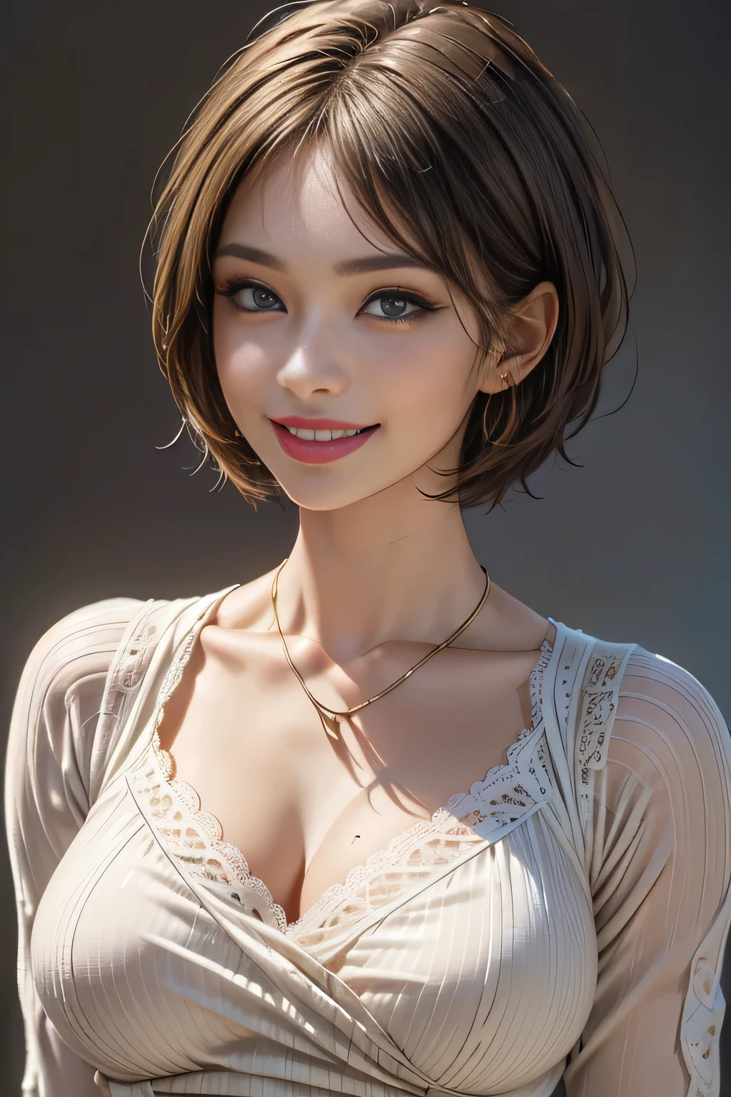 1 Beauty, Cowboy Shot, (1 supermodel), (Perfect Anatomy:1.37), Anatomically correct body shape, Golden Ratio, (Best Quality:1.4), 32k resolution, (Realistic:1.5), (超Realistic:1.5), High resolution UHD, (masterpiece:1.2)), (Improved quality:1.4), (Very beautiful facial details), (Grin), (Best quality realistic skin texture), ((Lace dress:1.37)), Big earrings, necklace, (Big Breasts:1.3), ((No background:1.15)), Accurate Fingers, Very detailed, Beautiful Eyes, Double eyelids, Eyelashes, Shaping your eyebrows, ((Very detailed portraits)), Red cheeks, Ultra-realistic eyes, Perfect Lips, Perfect Eyes, Perfect Iris, Natural Makeup, [Pink lipstick], ((A great eye for quality:1.2)), (Beautiful Lips:1.33), (Great nose:1.2), (Large Breasts), brunette pixie cut, ((Realistic)), ((Sharp focus)), (Highest Resolution), ((The most ridiculous quality)), ((masterpiece)), Professional Cinema Lighting,See-through、