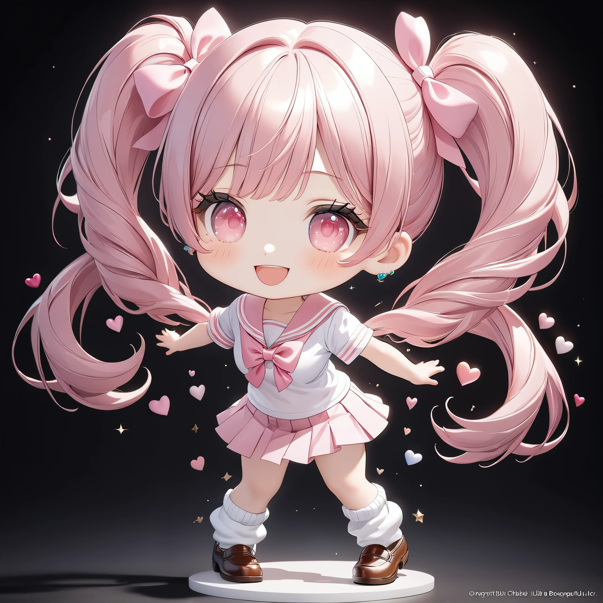 (8K, masutepiece, Best Quality, Official art, Breathtaking beauty and aesthetics, highly beautiful lighting, highly beautiful detailed), (1 cute chibi character, solo, 3 heads:1.3), (), (beautiful detailed face), (shiny white skin), (Beautiful big bust, cleavage, thighs, navel:1.3), (beautiful detailed pink twin tails hair, Bangs:1.3), (beautiful detailed drooping pink eyes:1.5), (high school uniform:1.3), (patsel pink sailor collar, white short sleeves short length outing shirt, pastel pink pleated skirt, patsel pink ribbon:1.3), (Loose socks, ultra slouchy white boot socks, loafers:1.3), (Heart beam, love, fun, happy smile:1.5), (Attractive, cute pose), (simple white plain background:1.5),