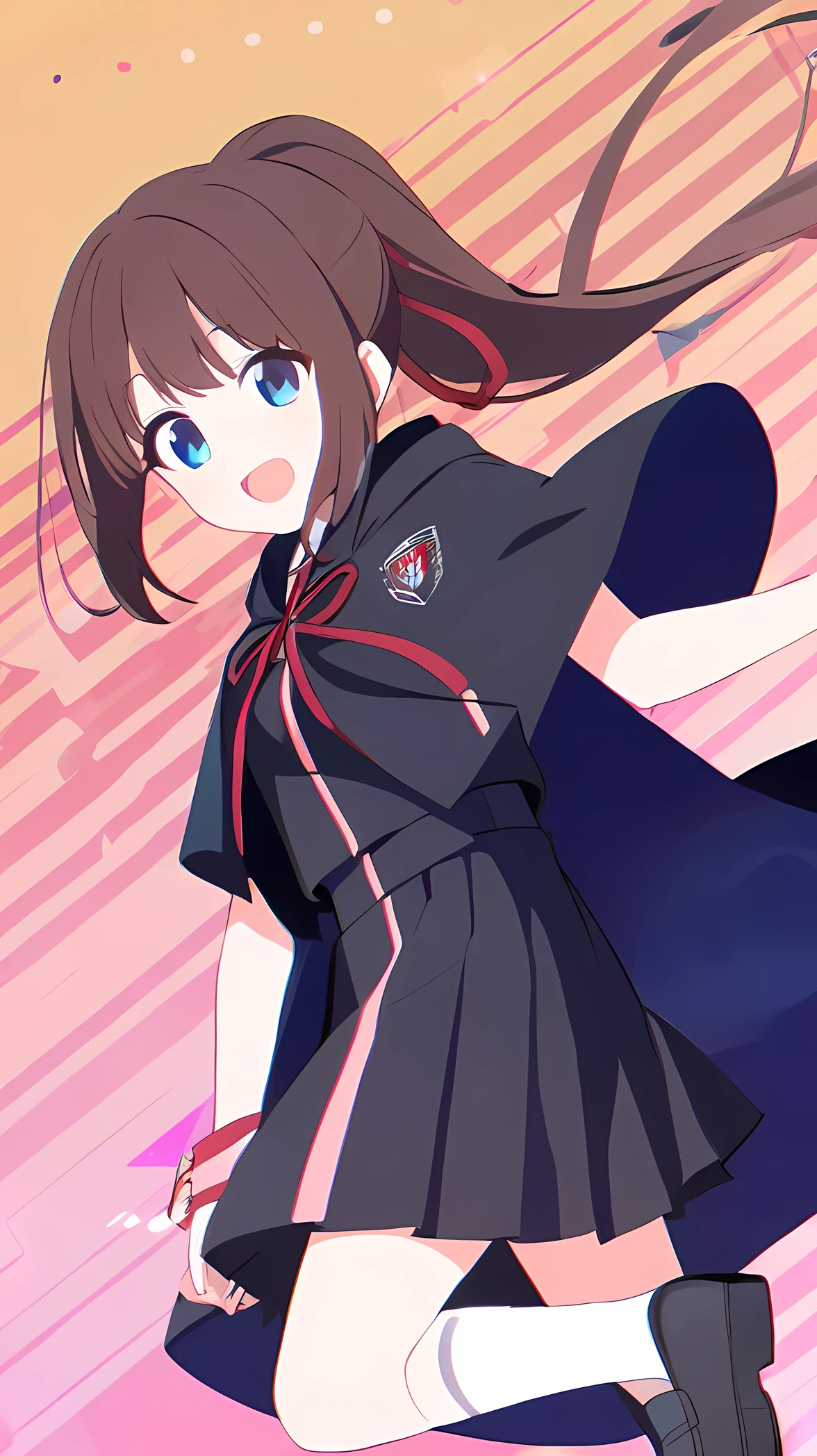 girl, female, brown hair, ponytail, blue eyes, smile, black short cloak, red ribbon, black school outfit, pink multicolored outfit, Black skirt, white socks, School shoes