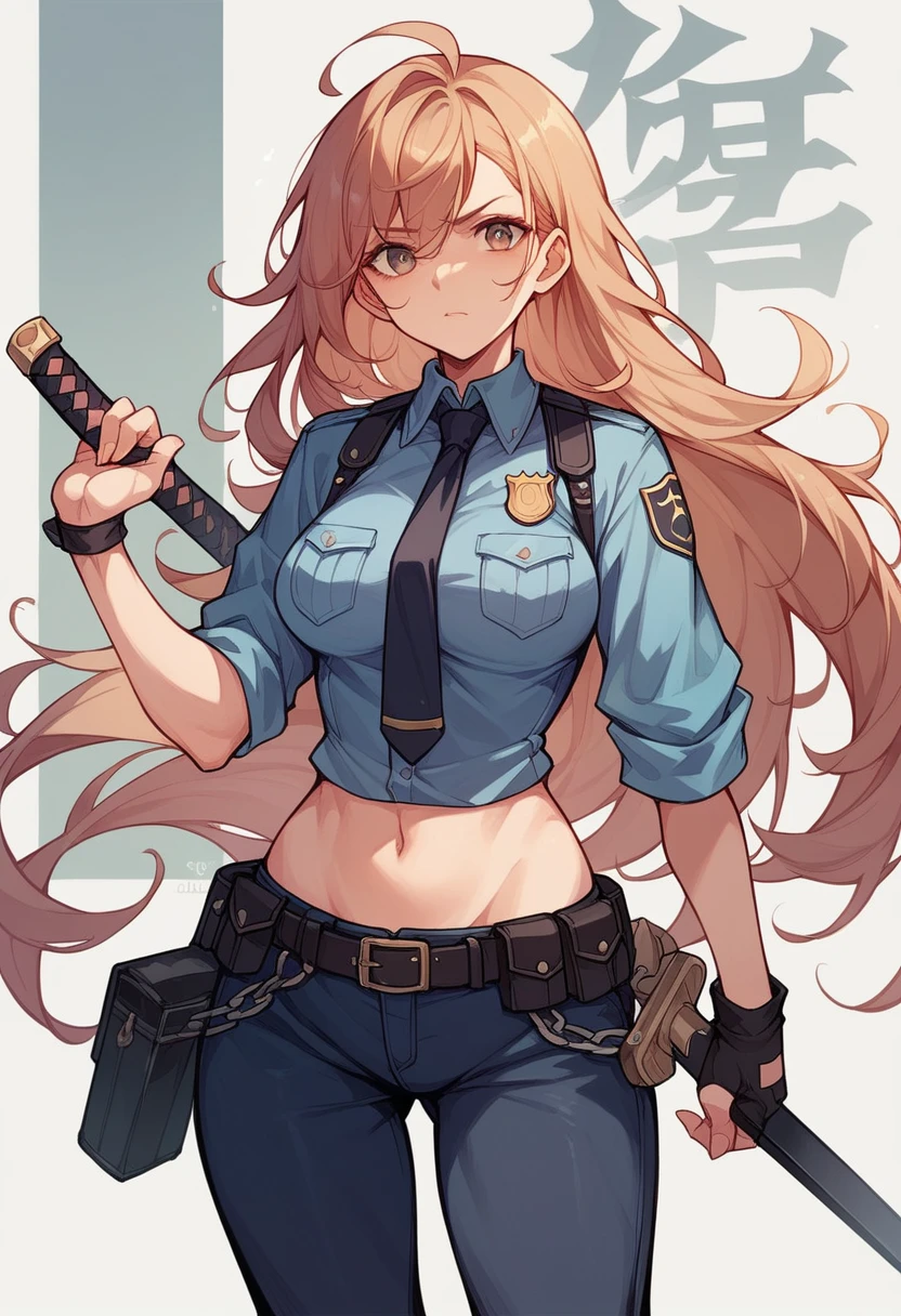 One beautiful woman, police hat, blonde, long hair, tall body, denim shorts, white tank top, belly button visible, sexy pose, crotch emphasis, police hat, sexy pose, super high quality